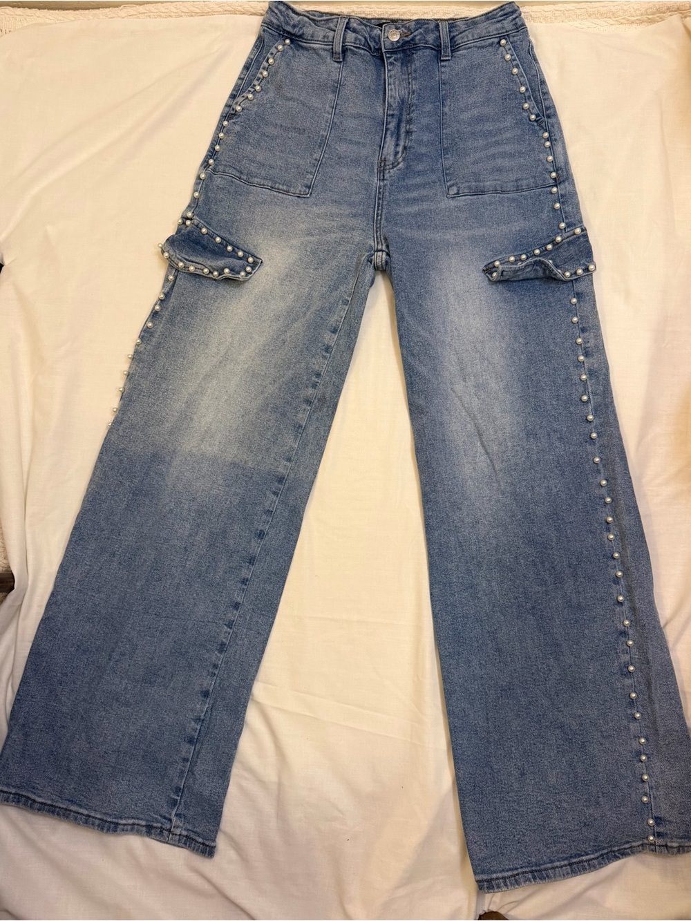 Vibrant Denim Wide-Leg Jeans with Pearl Side Trim - Light Blue